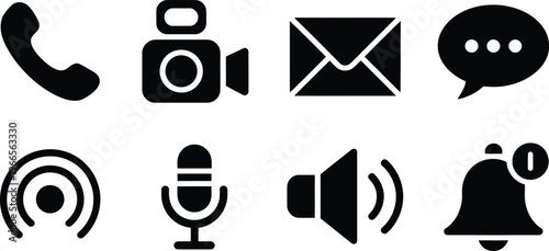 A collection of black silhouette icons representing various communication and connection methods high-quality professional detailed