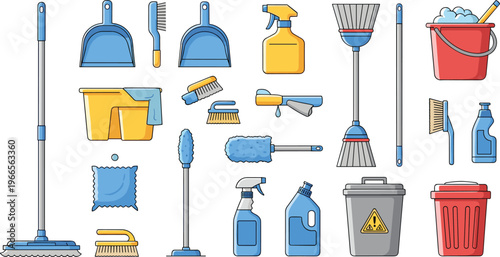 Housekeeping and Commercial Cleaning Equipment Icon Set featuring Mops Brooms Dustpans and Sanitizing Supplies for Professional Janitorial Services and Home Maintenance Vector Designs
