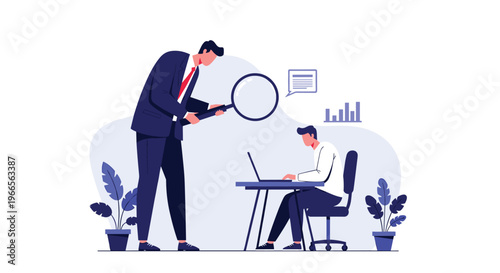 Manager using a large magnifying glass to inspect the work of a small employee sitting at a desk with a laptop and charts.