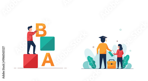Early childhood education and career development concept showing a man stacking blocks and a teacher presenting a graduation diploma.