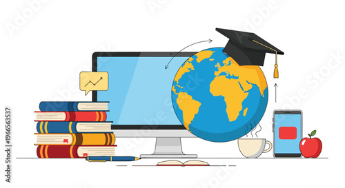Online academic studies and digital education concept featuring a computer, stacked books, globe with graduation cap, and smartphone.