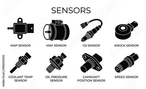 Automotive engine sensors icons set collection of black silhouettes for mechanical vehicle diagnostic