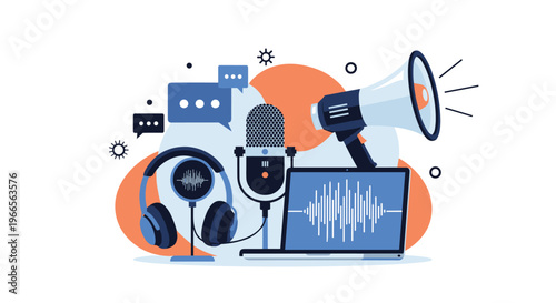 Digital podcasting and audio broadcasting equipment concept including professional microphone, headphones, laptop, and advertising megaphone.