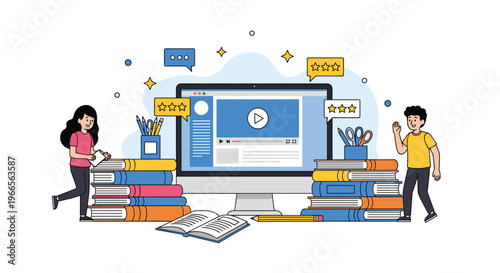 Distance learning and online education concept for kids featuring students standing by a large screen with educational video content.