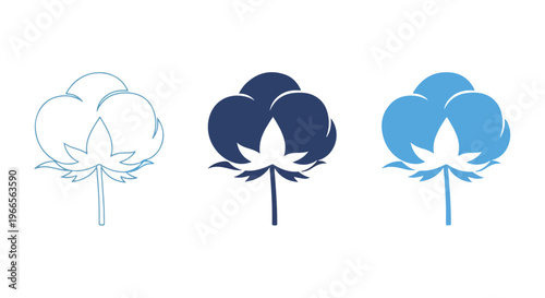 Set of minimalist cotton flower logos in different blue shades and styles