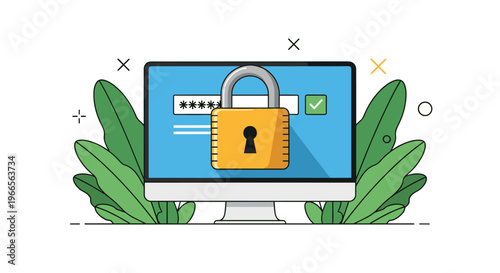 Data privacy and cybersecurity concept featuring a computer monitor with a large yellow padlock and password protection field.