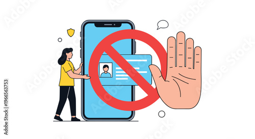 Cyberbullying and mobile application blocking concept showing a woman by a smartphone with a red prohibition sign and a stop hand.