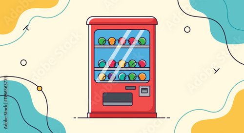 Colorful vending machine filled with assorted capsules or balls set against a modern abstract wavy patterned background.