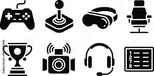 featuring game controller joystick vr headset chair trophy streaming camera mic and electronic leaderboard display.