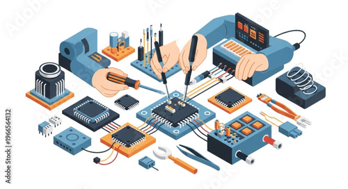 Isometric Electronic Repair Workbench with Tools and Components.