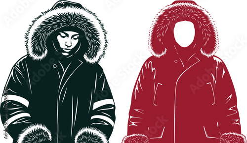Winter hooded parkas with fur trim in two stylized graphic illustrations
