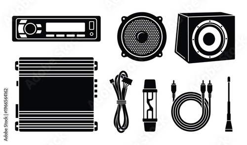 Car audio system components set including head unit speakers amplifier subwoofer and wiring accessory
