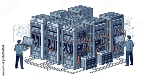 IT infrastructure maintenance and network management concept with technicians monitoring server racks and data center hardware.