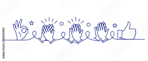 Line art celebration symbols including applause, thumbs up, and okay gestures for positive feedback design.