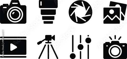 photography and video icons featuring camera lens aperture photo gallery video player tripod adjustment and flash