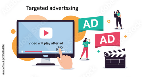 Targeted advertising and video marketing concept featuring a computer screen with ad-supported content and promotional banners.