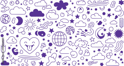 Seamless pattern of whimsical purple line art icons depicting weather elements and celestial bodies.