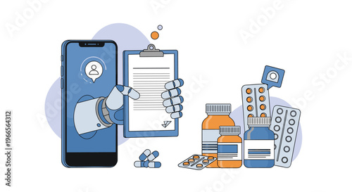 AI healthcare and digital medicine concept showing a robotic arm from a smartphone presenting a medical document with medication.