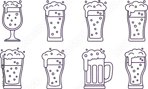 Collection of eight different outline style glasses filled with beer and foamy head