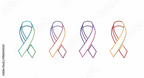 Minimalist awareness ribbon vector set, colorful gradient line art ribbons for medical charity, healthcare support symbols for cancer and disease advocacy