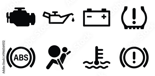 Car dashboard warning lights icons set check engine oil battery tire pressure abs airbag temperature