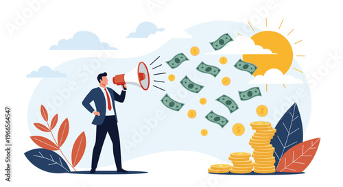 Professional businessman holding megaphone while dollar bills and coins fly through the air representing financial promotion and profit.
