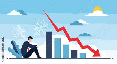 Depressed businessman sits on floor near falling blue bar chart and red arrow representing financial loss and economic crisis.