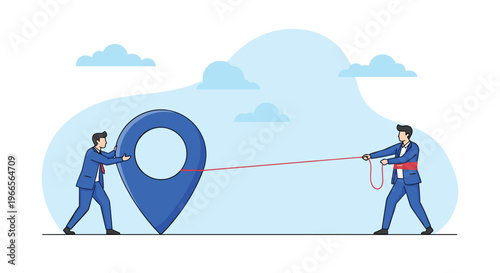 Two businessmen working together to pull large blue location pin with a rope against a sky background with white clouds.