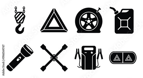 Car emergency kit icons set, roadside assistance symbols, vehicle breakdown equipment black silhouette