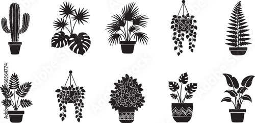 Minimalist Potted Plant Silhouette Set with Cactus Monstera and Hanging Plants