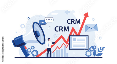 Modern CRM customer relationship management system with businessman, megaphone, and rising sales graph for marketing automation.