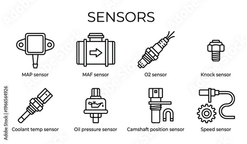 Car engine sensors line icons set automotive diagnostic symbols for vehicle maintenance and scanning