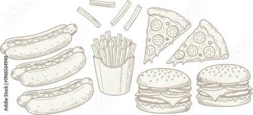 Hand drawn set of fast food icons including pizza slices, burgers, hot dogs, and french fries.