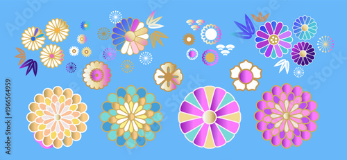 Japanese traditional floral differents set icons Art vintage abstract flower retro elements background Vector modern illustration for design, invitation, cover, wall art