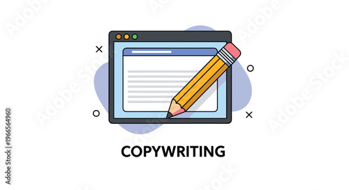 Creative copywriting and content writing concept with large yellow pencil editing text inside a browser window on screen.