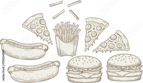 Classic Fast Food Collection Illustration with Pizza, Hamburgers, Hot Dogs and Crispy French Fries