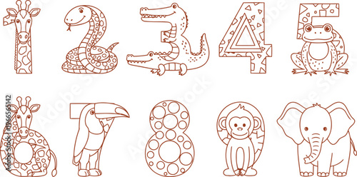 Collection of cute jungle animal themed numbers zero through nine for kids learning.