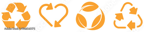 Recycle vector icon set showcasing green-themed arrows, heart shapes, and leaf elements, offering modern recycled signs designed for eco campaigns, packaging labels, and environmental awareness