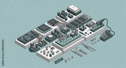 Isometric Industrial Complex Illustration with Detailed Machinery and Infrastructure.
