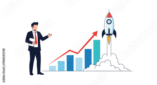 Ambitious businessman presenting a successful business launch with a rocket taking off and a rising bar chart growth graph.