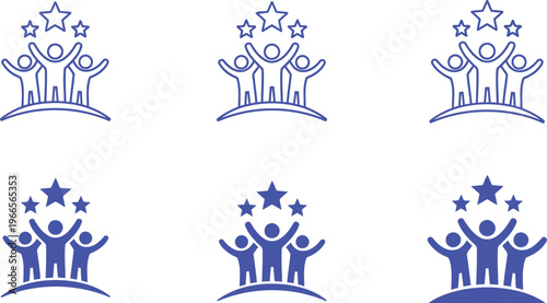 Team achievement concept icons showing diverse groups celebrating success reaching for three stars