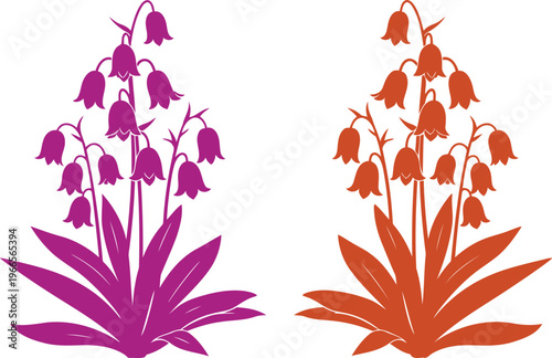 Colorful stylized bellflower silhouettes in vibrant purple and orange, perfect for decorative design elements.