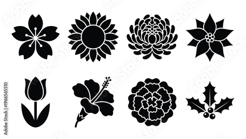 Collection of flower silhouettes cherry blossom sunflower chrysanthemum poinsettia tulip hibiscus