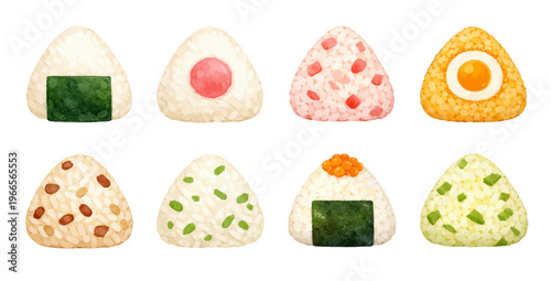 Watercolor onigiri collection illustration, Japanese rice ball set isolated on white background.