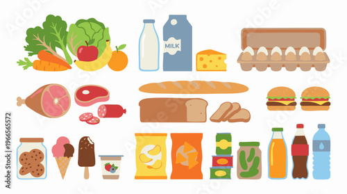 Assortment of various grocery products and food items illustration