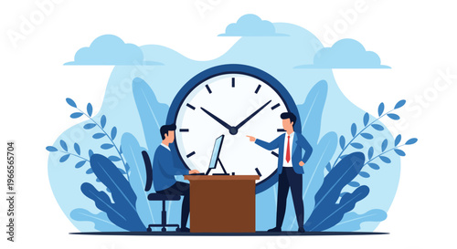 Time management at office with employee working at computer while manager points at a large clock for deadline pressure.