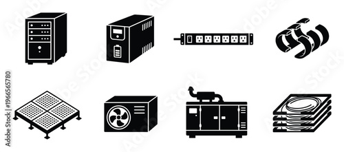Computer network and power equipment vector icons server ups power strip cables solar panel