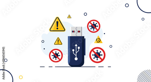 USB flash drive security concept with warning icons and virus symbols representing risk of malware infection and data loss.
