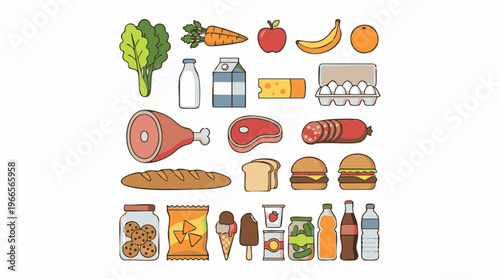Assortment of common grocery store food items, flat icon illustration