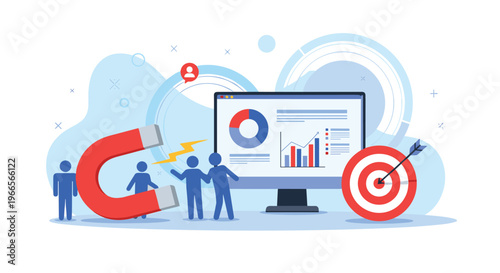 Powerful magnet pulling people towards a computer monitor displaying data analytics and target representing lead generation.
